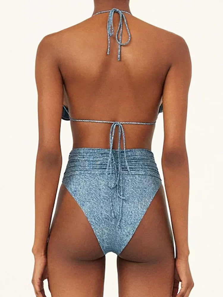 3D Floral Halter Sexy Bikini Set