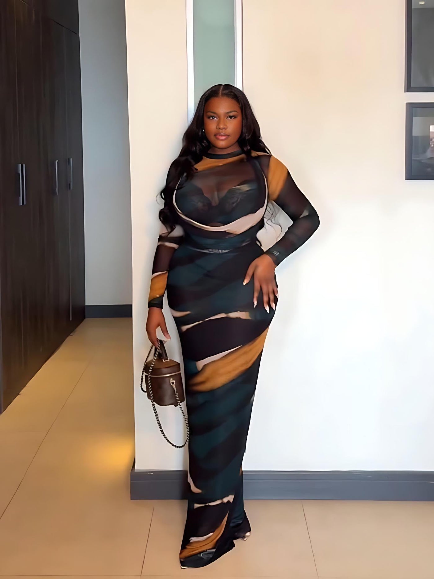 Abstract Mesh Bodysuit & Slip Dress Set