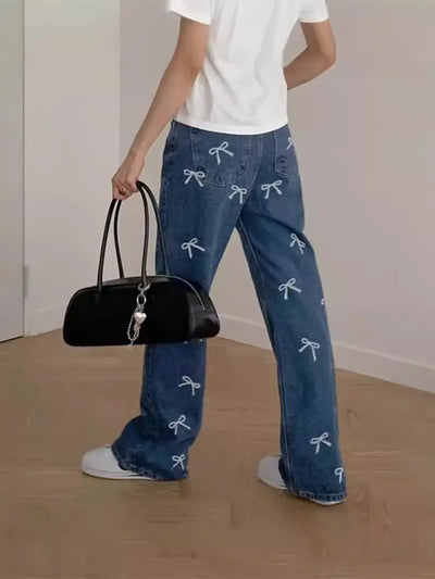 Bow Print Denim Pants