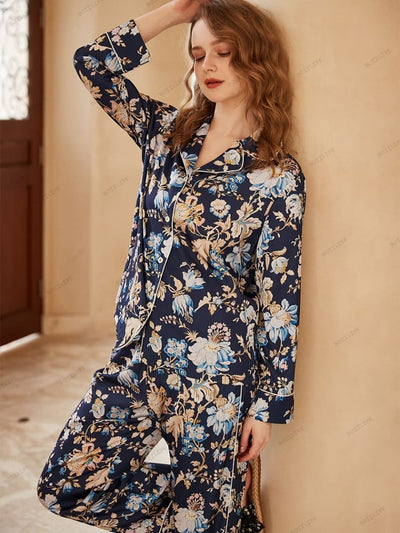 Begonia Flower Print Long-Sleeve Pajama Loungewear Set
