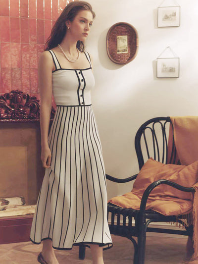 Striped Colorblock Knit Spaghetti Strap Midi Dress