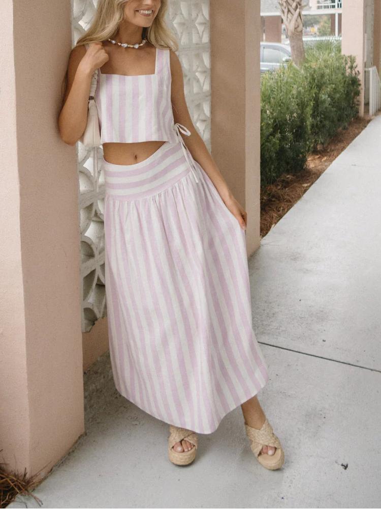 Pink And White Striped Skirt Set