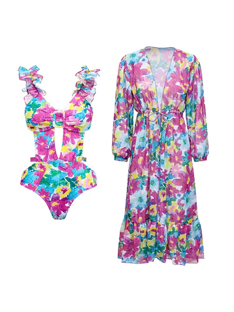 Cutout One Piece Swimsuit Set with Cover Up