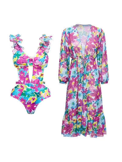 Cutout One Piece Swimsuit Set with Cover Up