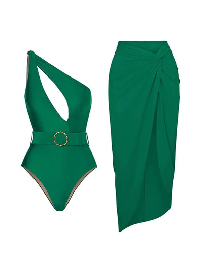 Solid Color Elegant One-Piece Swimsuit Set