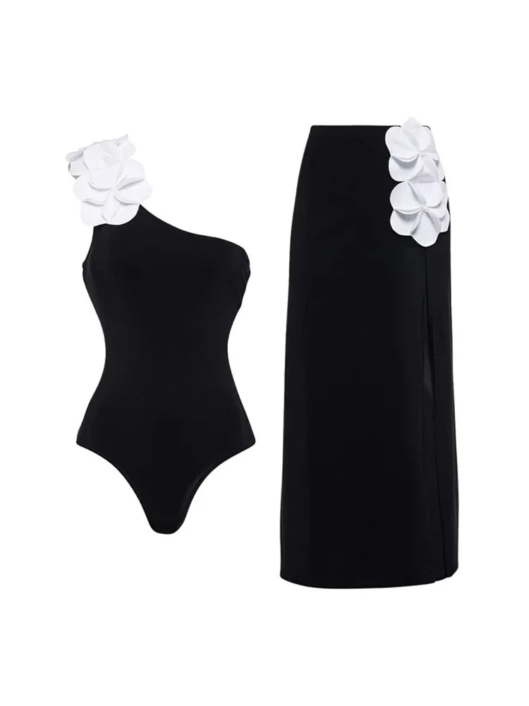 3D Floral One-Shoulder Black Swimsuit