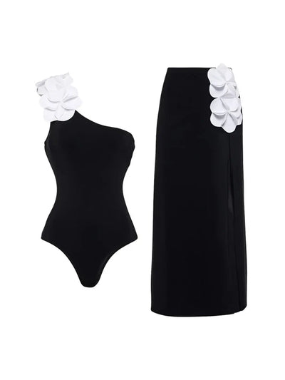 3D Floral One-Shoulder Black Swimsuit