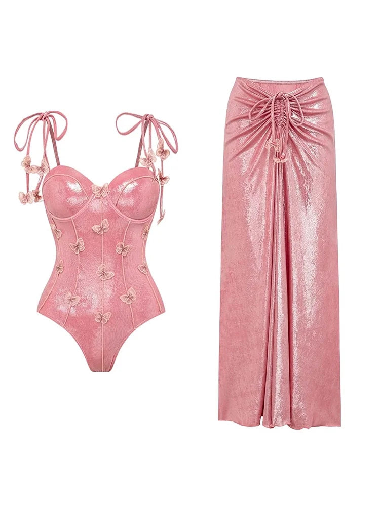 Pink Glossy One-Piece with 3D Butterfly
