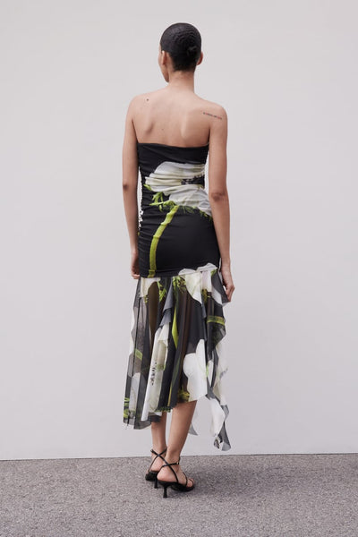 Gardenia Floral Mesh Pleat Tube Midi Dress