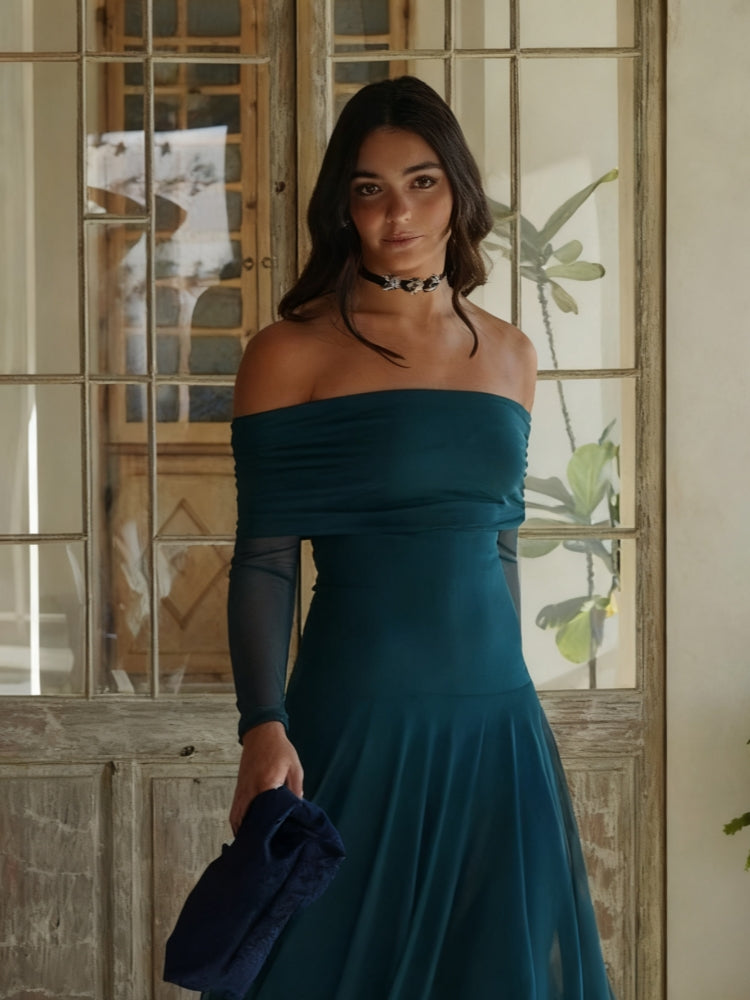 Sapphire Off-Shoulder Mesh Gown