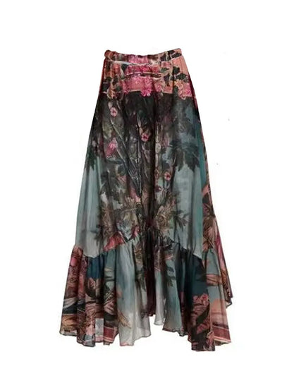 Vintage Print Cutout Swimsuit with Long Sleeves