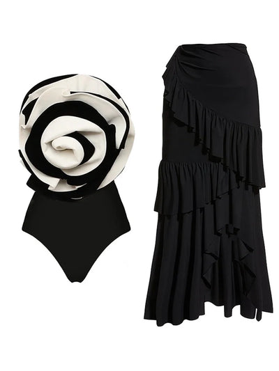 Black and White Floral Swimsuit Set