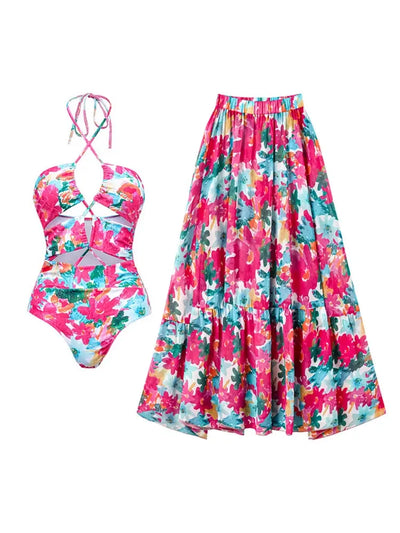 Print Cutout One Piece Swimsuit Set