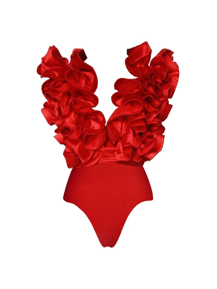 Ruffled V-Neck Red Asymmetrical Swimsuit Set