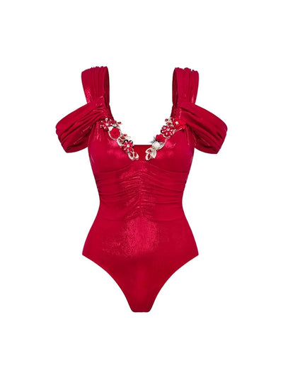 Red Glossy One-Piece with 3D Butterfly