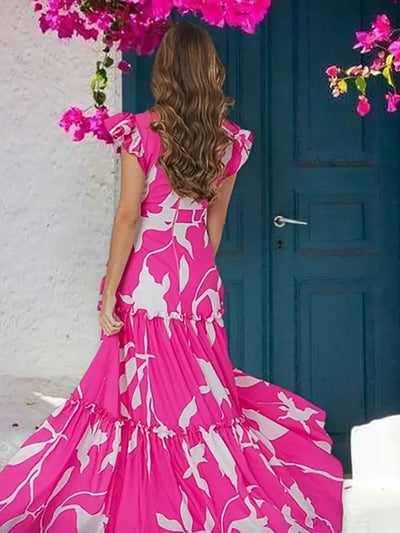 V Neck Ruffle Printed One Piece Swimsuit Set