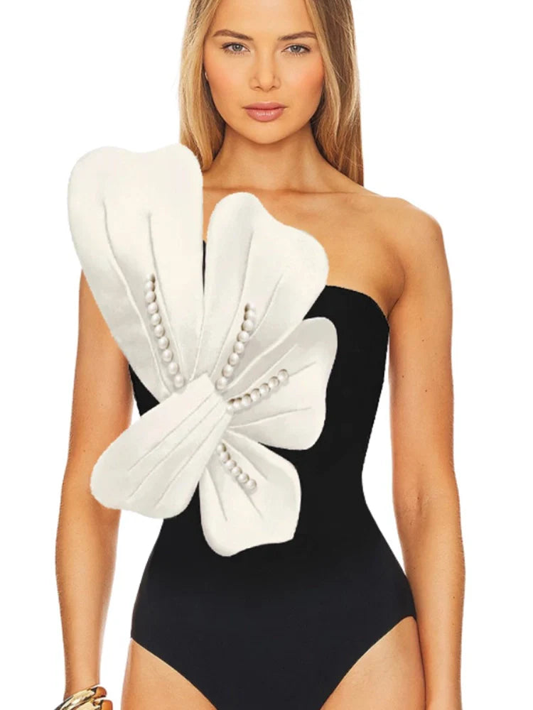 Pearl Flower Embellished Swimsuit Set