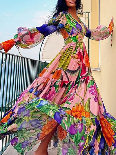 Deep V Lantern Sleeve Printed Swimsuit Set