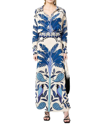 Fashion Printed V-Neck Long Sleeve Cropped Top and Skirt Set