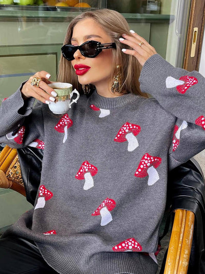 Mushroom Pattern Contrast Pullover Sweater