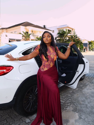 Printed Cutout Bodysuit Draped Skirt Set