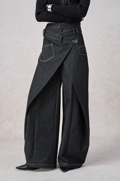 Swinging Symphony Fake Two-Piece Wide-Leg Jeans