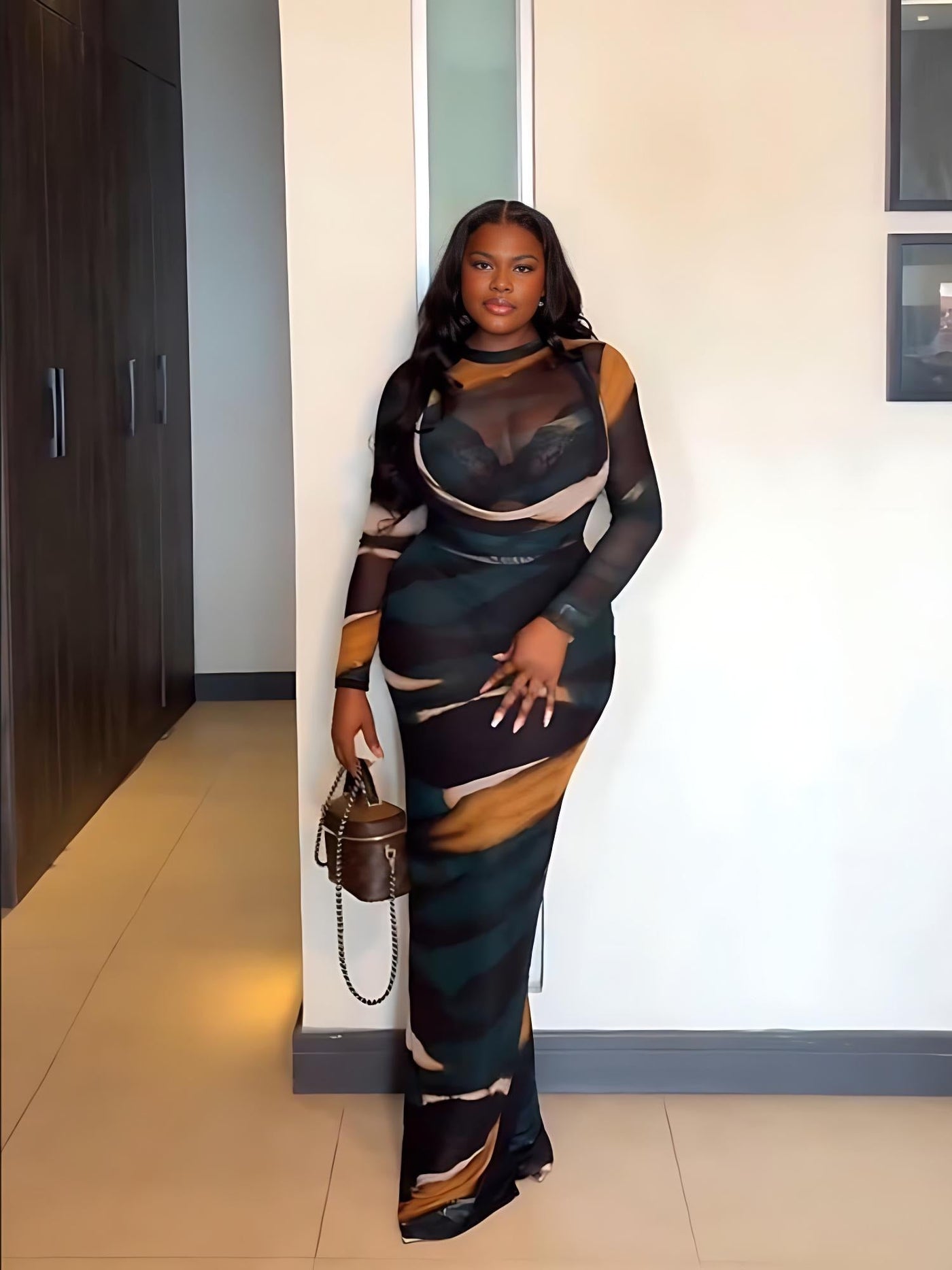 Abstract Mesh Bodysuit & Slip Dress Set