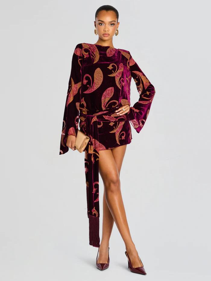 Paisley Bell-Sleeve Fringe Belt Mini Dress