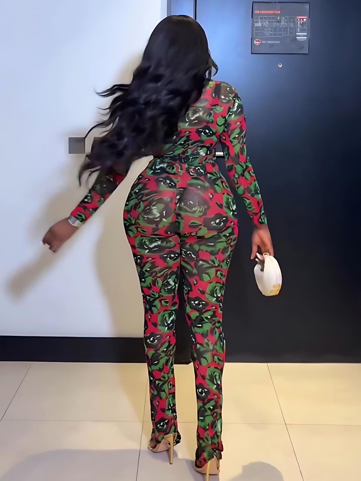 Red & Green Abstract Floral Print Bodysuit Pants Set