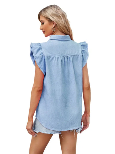 Ruffle Sleeve Button-Up Denim Shirt