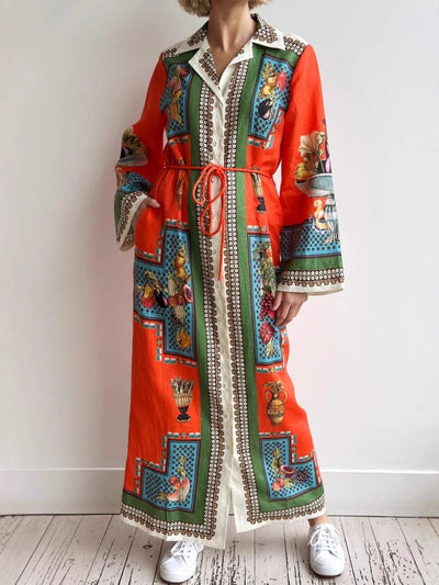 Long-Sleeve Linen Waist Dress