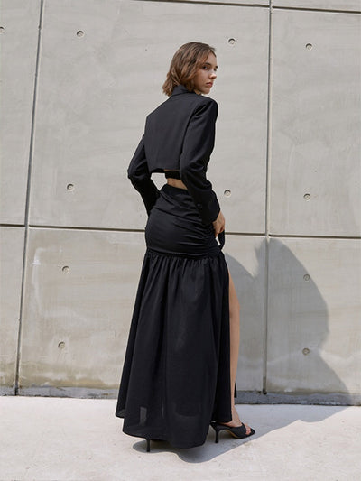 Black  High-Slit High-Waist  A-Line Skirt