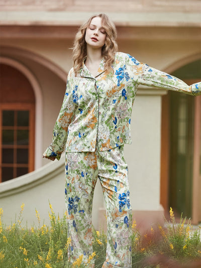 Morning Glory  and Lily Pattern Cardigan Long Sleeve Pajama Set
