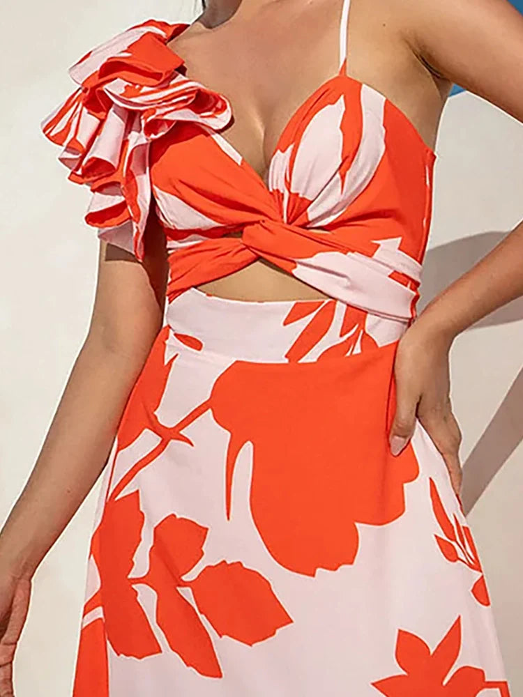 Ruffle Floral Print One-Piece Swimsuit Set