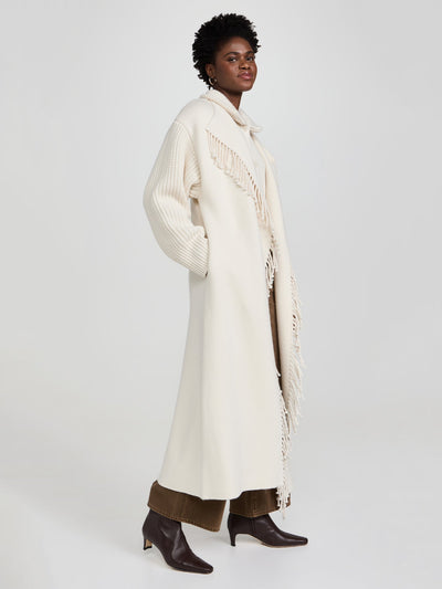 Cream Fringe-Trimmed Knit Longline Coat