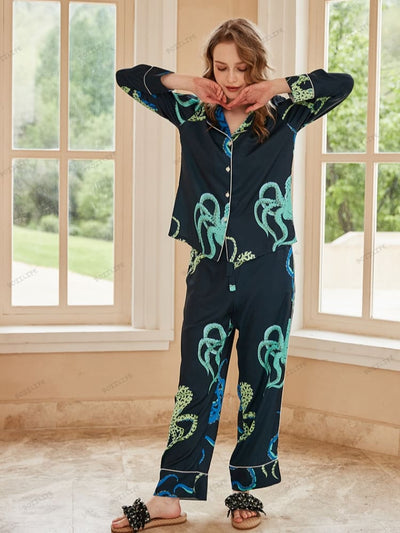 Octopus Print Ice Silk Long-Sleeve Pajama Loungewear Set