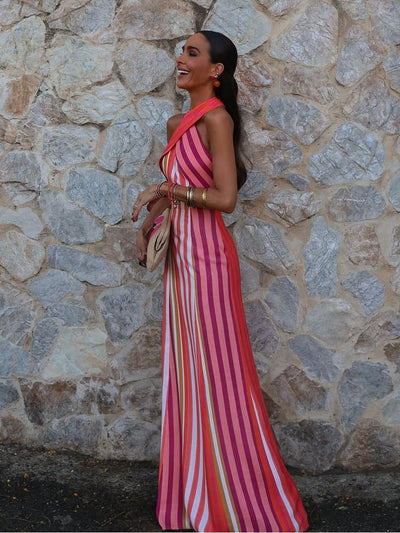 Sunset Samba Cross-Halter Stripe Dress