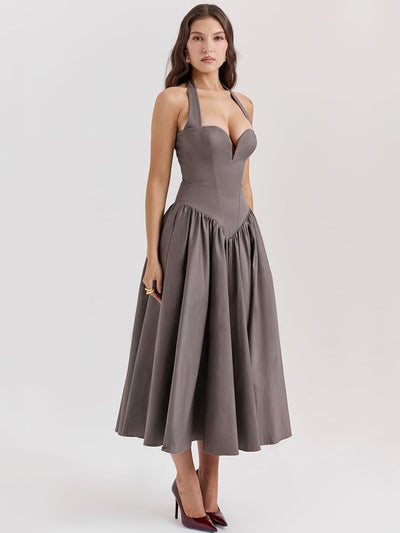 Halter Neck Midi Dress with Side Slit - Smoky Gray