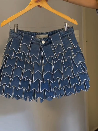 Arrow Shaped Layered Denim Mini Skirt