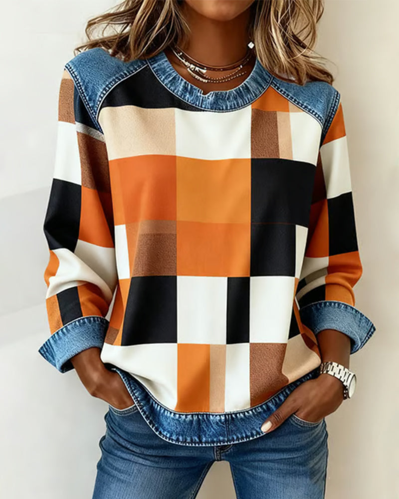 Stella® | Sweatshirt with Check Patchwork and Contrast Color