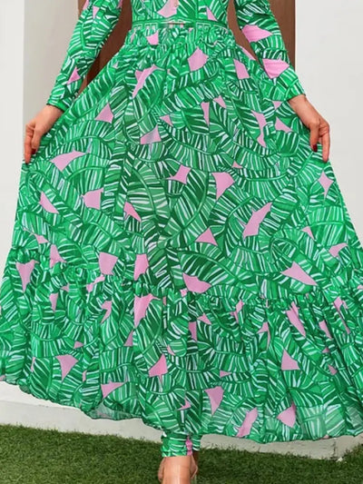 Green Zip Long Sleeve Printed Surf Swimsuit Set