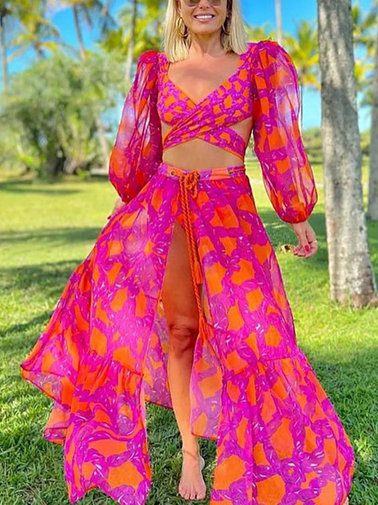 Long-Sleeve Tie-Up Printed Swimsuit Set