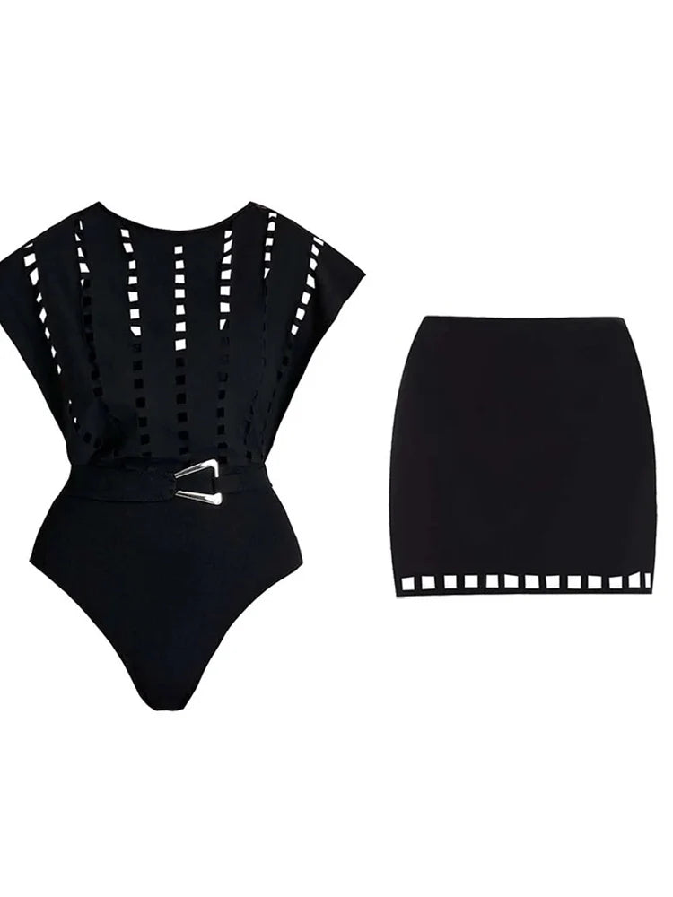 Sexy Cutout Swimsuit with Mini Skirt Set