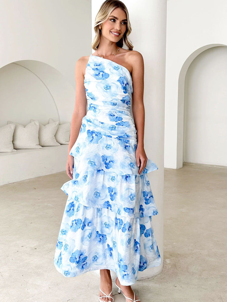 One-Shoulder Strappy Floral Print Dress