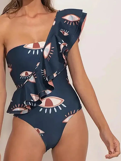 Evil Eye Ruffle Cutout One Piece Swimsuit