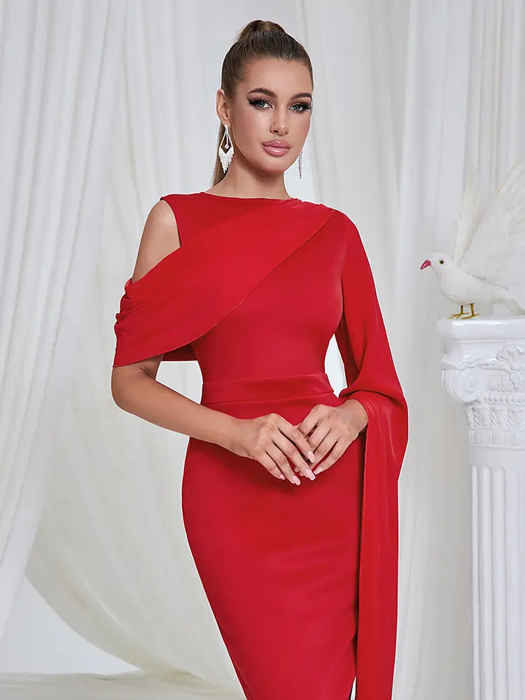 Asymmetrical Shoulder Slit Evening Dress
