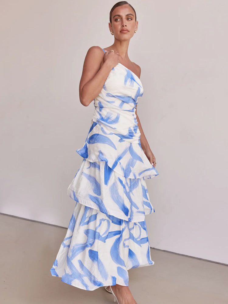 One-Shoulder Strappy Floral Print Dress