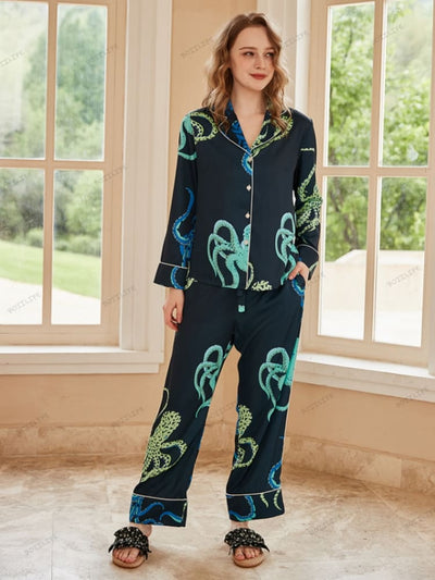 Octopus Print Ice Silk Long-Sleeve Pajama Loungewear Set