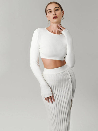 Stylish Solid Color Pleated Knit Skirt Set