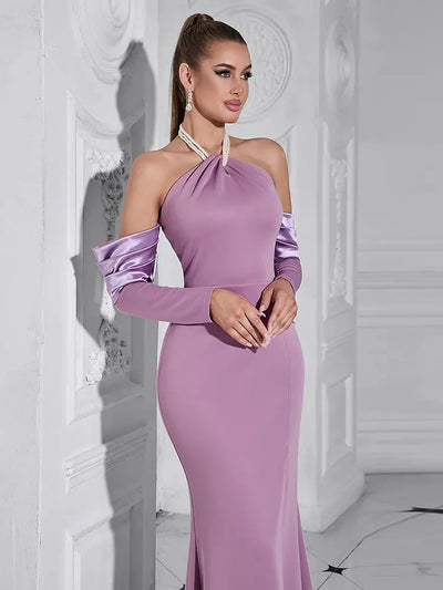 Pearl Halter Neck Long Sleeve Dress